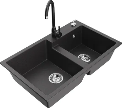 Produktbild von Mexen Tomas 2-Becken-Granitspüle mit Mischbatterie Telma, Schwarz gesprenkelt - 6516-76-670200-70