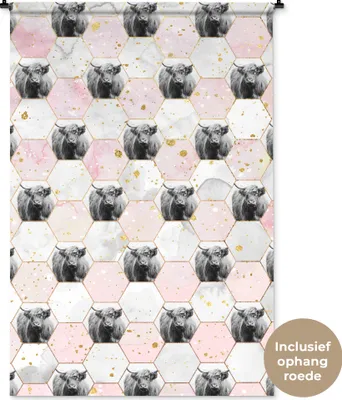 Produktbild von MuchoWow® Wandteppich Wandbehang Schottisches Hochlandrind - Marmor - Rosa 120x180 cm Tapisserie Dekoration Wandtuch - Schlafzimmer - Dekorationen für das Haus