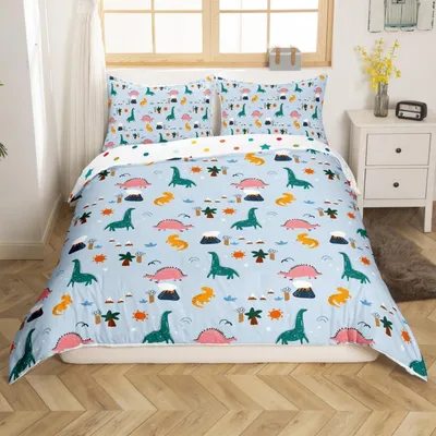 Zdjęcie produktu dla Komplet pościeli 135x200 cm, motyw: dziecięcy, dinozaury, niebieskie. Zawiera: poszewkę na kołdrę i poszewkę na poduszkę 80x80 cm, wykonane z mikrofibry