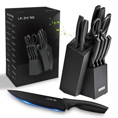 Productafbeelding van 13-delige messen set voor de keuken, met messenblok, ingebouwde slijper, ergonomische handgrepen, vaatwasmachinebestendig, zwart