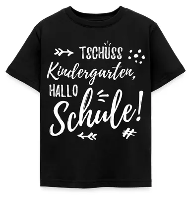 Produktbild von Spreadshirt Einschulung Tschüss Kindergarten Hallo Schule Kinder T-Shirt, 110/116 (5-6 Jahre), Schwarz