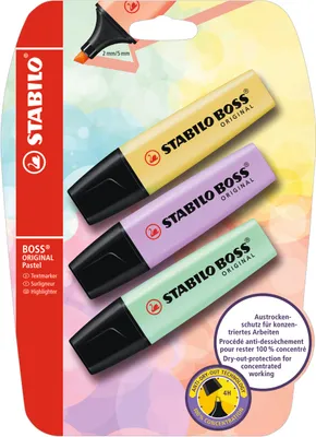 Produktbild von Textmarker - STABILO BOSS ORIGINAL Pastel - 3er Pack - pudriges Gelb, Schimmer von Lila, Hauch von Minzgrün