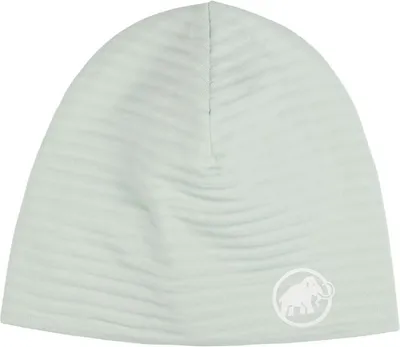 Hellgraue Mammut Taiss Light Beanie mit feinen horizontalen Streifen und weißem Mammut-Logo unten rechts