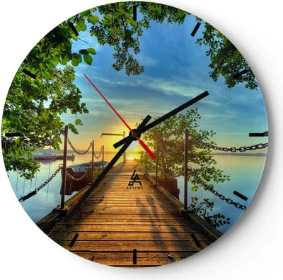 Produktbild von Wanduhr - Rund - Glasuhr - See Sonnenuntergang Boot Landschaft - 30x30cm - Schleichendes Uhrwerk - Lautlos - zum Aufhängen bereit - Dekoration Modern - Wanddekoration aus Glas - C3AR30x30-2573