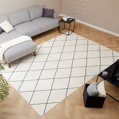 Produktbild von Teppich RHOMB waschbar 200 x 300 Cremeweiß, Rautenmuster, weicher Kurzflor, modern, skandinavisch, Mikrofaser, gummierte Unterfläche, schmutz- und wasserabweisend, pflegeleicht