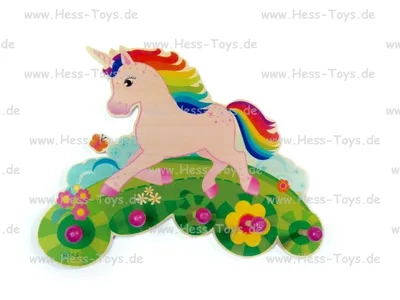 Produktbild von Hess Holzspielzeug 30295 - Garderobe aus Holz, Serie Einhorn, mit 5 Haken, für Kinder, ca. 37 x 27 x 6,5 cm groß, handgefertigt, als Blickfang in jedem Kinderzimmer und Flur Einhornmotiv