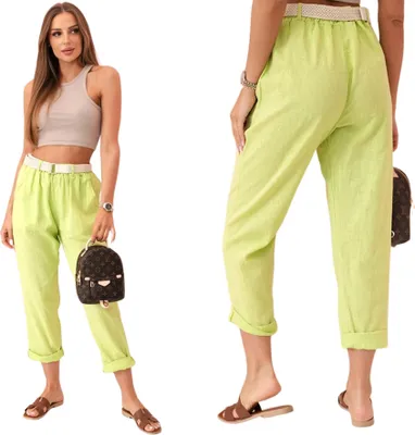 Produktbild von Hellgrüne Damen-Leinenhose mit hoher Taille und Gürtel