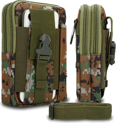 A tactical phone pouch with a digital camouflage pattern is shown from two angles, with a separate shoulder strap in the foreground.
