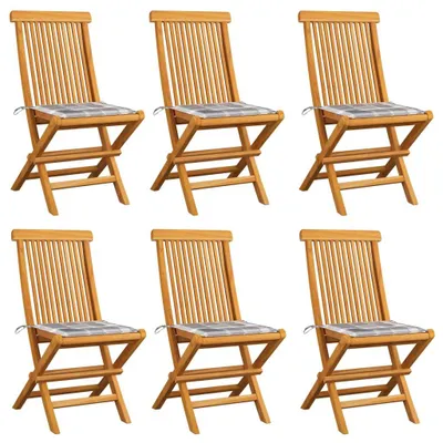Produktbild von Gartenstühle mit Kissen 6 Stk. Grau Karomuster Massivholz Teak