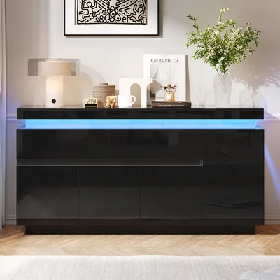 Image de Buffet Merax avec éclairage LED, commode avec 2 tiroirs et 4 portes, meuble de salon avec grand espace de rangement, finition noir brillant