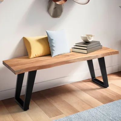 Produktbild von WOHNLING Garderobenbank 120x40x45,5 cm Akazie Massivholz / Metall mit Baumkante Sitzbank Flur Holzbank Massiv ohne Lehne Flurbank Modern