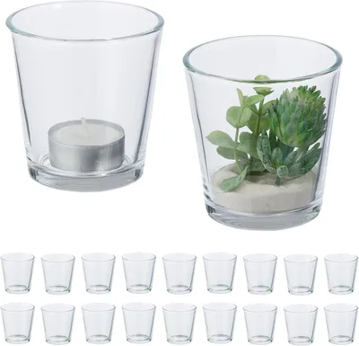 Immagine prodotto di Portacandele a forma di tazza, set da 20, portacandele in vetro, decorazione da tavolo, altezza x diametro: 7,5 x 7,5 cm, forma rotonda, trasparente