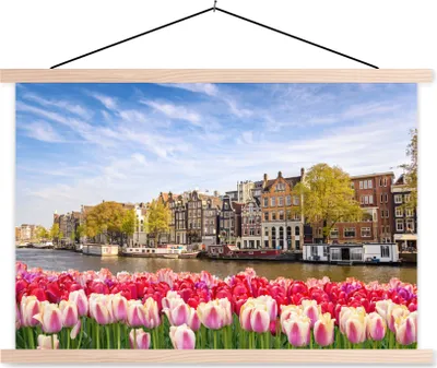 Produktbild von MuchoWow® Textilposter Skyline - Grachten - Amsterdam 120x80 cm mit holzfarbenen Rahmen - Aufhängeset