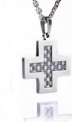 Produktbild von Edelstahl Anhänger Kreuz Kohlenstoffstahl Weiss Und Edelstahl Kette Uni- Herrenschmuck - 55.0 Zentimeter
