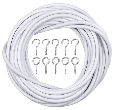 Gardinendraht-Set, 10 m, weiß, 20 Haken & Ösen