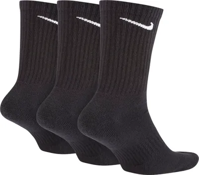 Three black Nike crew socks are displayed side-by-side against a white background.