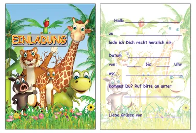 Produktbild von 8 Einladungskarten Kinder Geburtstag Einladungen Zootiere Wildtiere Giraffe Tiger Papagei, Kindergeburtstag