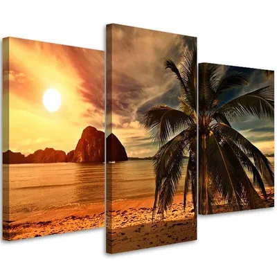 Produktbild von Triptychon auf leinwand tropischer strand 60x40 cm Feeby braun wandbild bereit zum aufhängen