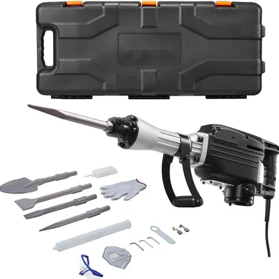 Immagine prodotto di Martello demolitore - Martello elettrico per calcestruzzo/scalpello - Potenza 2800 W - Velocità d'impatto 1200/min - Con 3 scalpelli + vanga per argilla - Per calcestruzzo, mattoni, piastrelle, fondamenta - Nero