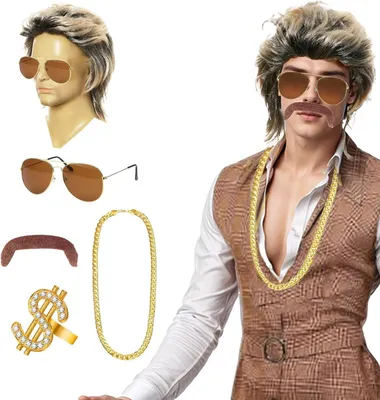 Immagine prodotto di Set di parrucche Vokuhila, bionda, composto da 5 pezzi, con occhiali da sole, da uomo, ideale per il Carnevale
