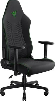 A black and green gaming chair is shown from a three-quarter view against a white background.