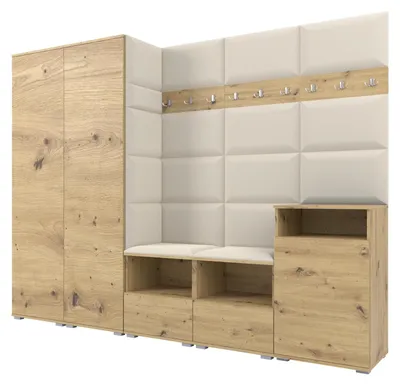 Produktbild von Garderobe NELA VIII 250 cm Modulare Flurmöbel Artisan Eiche mit Sitzpolster Creme 01 (2 Schränke + Sideboard)