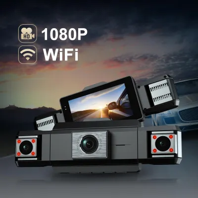 Produktbild von 360°-Dashcam mit 4 Kanälen, Front-, Heck-, Links- und Rechtskamera für Autos, 4 IR-Strahler für Nachtsicht, WLAN- und App-Steuerung, WDR, 24-Stunden-Parkmodus, Loop-Aufzeichnung