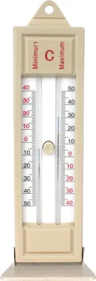 A beige minimum-maximum thermometer on a white background.