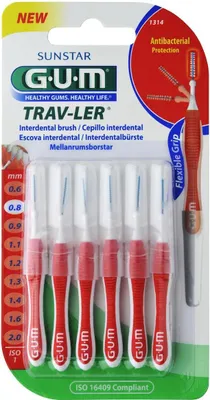 Produktbild von 3x Gum Trav-ler Interdentalbürsten 0,8mm rot - 3x 6 Stück im Blister