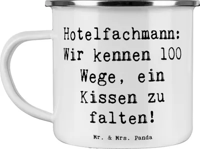 Produktbild von Mr. & Mrs. Panda Teetasse Spruch Hotelfachmann Kissen - Weiß - Geschenk, handgefertigte Geschenke, Beruf, Hotel, personalisierte, Emaille Tasse, Gästeservice, kreative