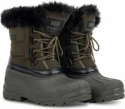A pair of green winter boots with black trim and fur lining.