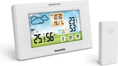 Obrázok produktu pre Bewello - Digitálna meteostanica s obrazovkou - budík a hodiny - s vnútornou a vonkajšou jednotkou - na batériu alebo USB