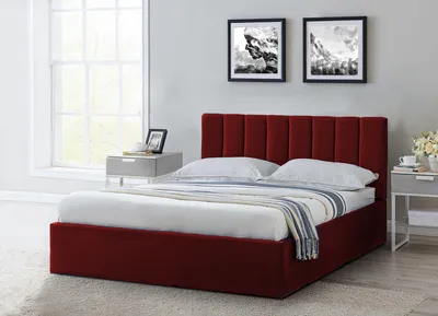 Produktbild von ExpressLOG Polsterbett Malibu, Hydrophober VELUTTO-Stoff, Erhöhter Rahmen, Bettkasten, Gasdruckfedern, Goldene Füße Gepolstertes Kopfteil 120x200x39 cm, Rot