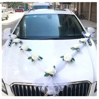 Produktbild von Autoschmuck Brautpaar Rose Deko Girlande Hochzeit Auto Weiß 9 Seidenblumen Satinband