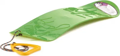 A green sled with a yellow handle and rope on a white background.