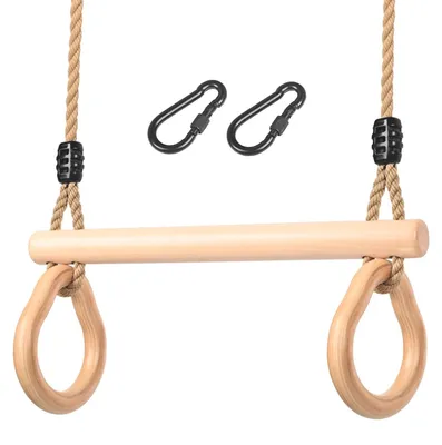 Image de Elzusha - Balançoire trapèze avec anneaux - Bois - Pour intérieur et extérieur - Capacité de 100 kg