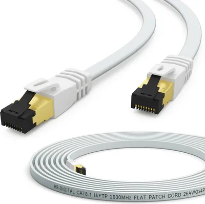 Produktbild von hb-digital 3m CAT 8.1 Patch Kabel flach RJ45 Netzwerkkabel U/FTP PVC 2000 vergoldeten Kontakten 50µ MHz Reines Kupfer weiß