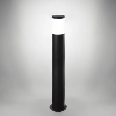 A black outdoor bollard light with a white illuminated top, set against a light gray background.