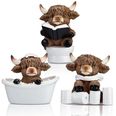 Obrázok produktu pre Omgoods – Súprava 3 sošiek s motívom skótskeho dobytoča (Highland Cow) na dekoráciu kúpeľne