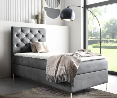 Zdjęcie produktu dla GUTTO Łóżko skrzyniowe LIDIA 90 x 200 cm skrzynia TOPPER 5 cm gratis szary welur wysokie złote nogi