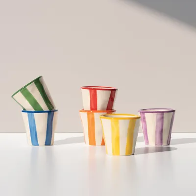 Immagine prodotto di Zafferano Set 6 Bicchierini Collezione Lido Righe in Vetroceramica artigianale  Italy colori assortiti per caffè e dessert eleganti e vivaci