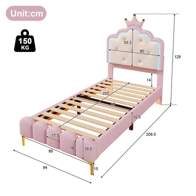 Immagine prodotto di Letto per bambini Abrihome imbottito con rete a doghe - 90x200 cm, illuminazione a LED, forma di principessa a , rosa (senza materasso)