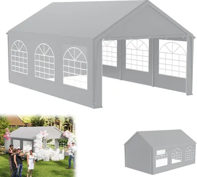 A collage of images showing a gray party tent, a scene of a party under a similar tent, and a smaller gray tent.