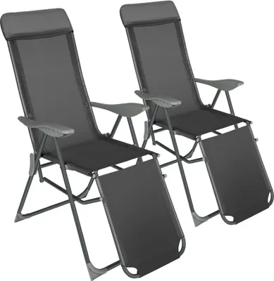 Two dark gray reclining garden chairs are shown against a white background.