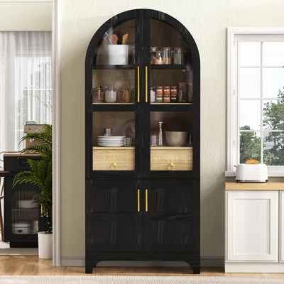Produktbild von Flieks Küchenschrank mit verstellbaren Regalböden, Schublade, Highboard mit Riffelglas, großem Stauraum, Hochschrank für Esszimmer,Wohnzimmer,Schwarz