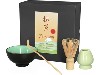 Produktbild von Matcha Set / Matchaset mit Matcha Schale 250ml moosgrün, Besen, Löffel und Halter in Geschenkbox