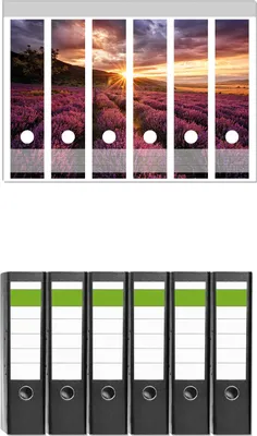 Produktbild von Wallario 6 Stück breite Ordner inkl. Klebeetiketten mit Motive Lavendelfeld bei Sonnenuntergang - Sonnenstrahlen -  Set mit Rückenschildern / Ordnerrücken Stickern