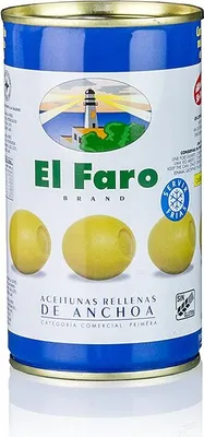 Produktbild von El Faro Grüne Oliven mit Anchovis (Sardellen Füllung) in Lake - 350g