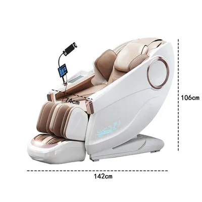 A white and beige massage chair is shown from the side with dimensions indicated.