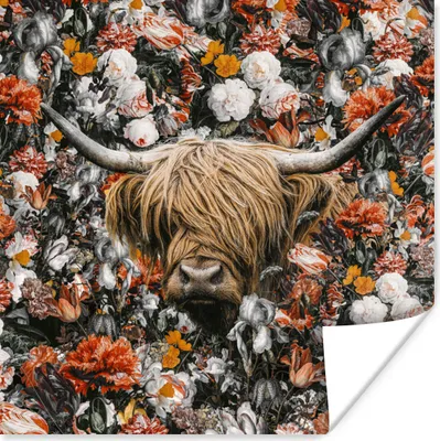 Produktbild von MuchoWow® Poster Schottischer Highlander - Blumen - Orange 50x50 cm - Wohnzimmerdekoration